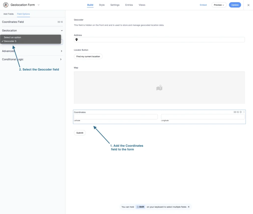 Coordinates Field Setup