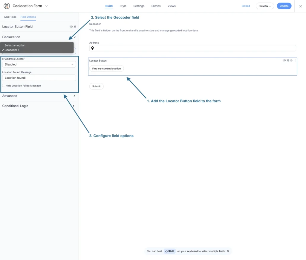 Locator Button Field Setup