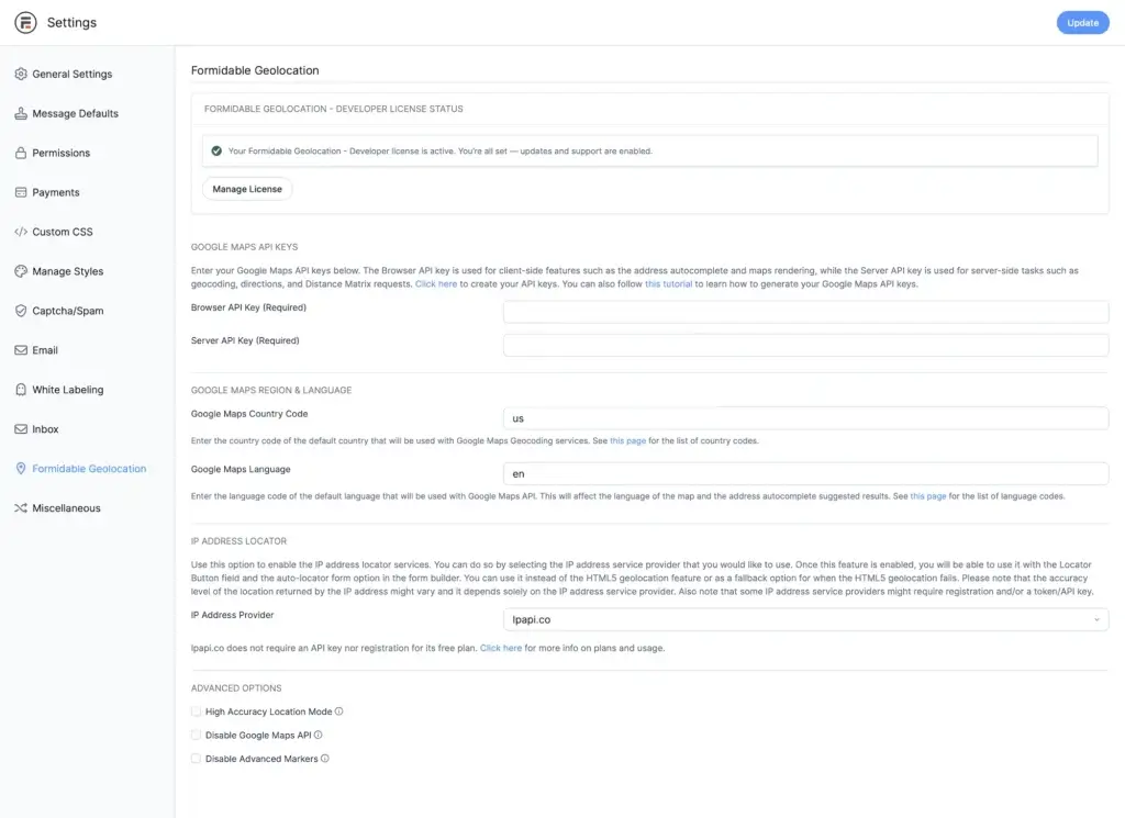 Formidable Forms Geolocation Settings Page